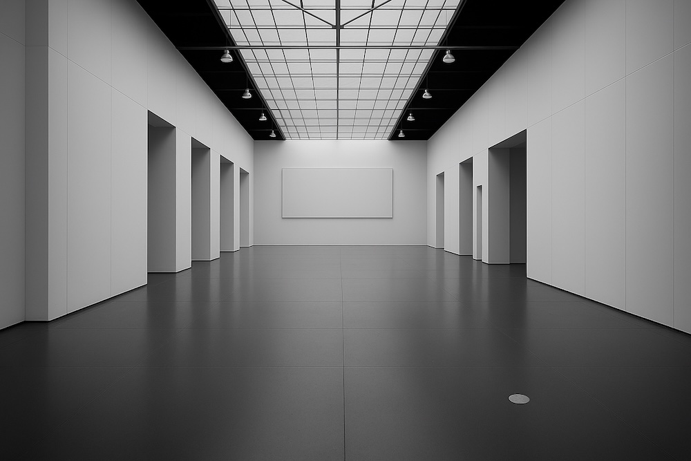 Sala expositiva àmplia buida, minimalista, amb parets blanques i il·luminació superior.