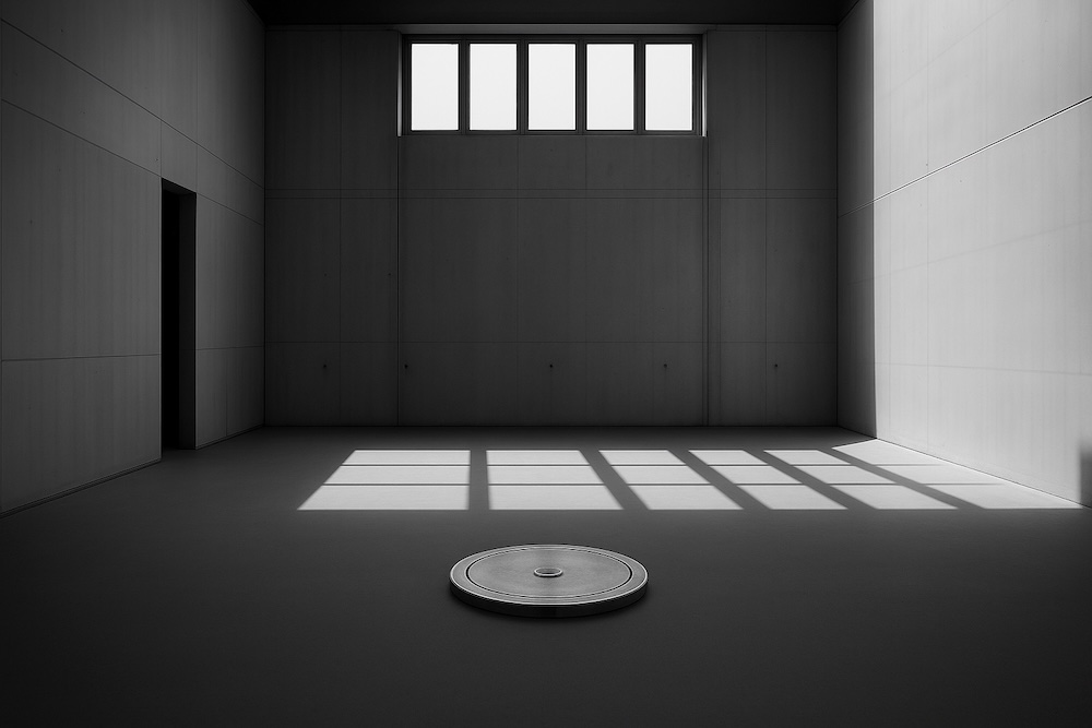 Sala expositiva amb element circular al terra, minimalista, amb parets blanques i finestres altes.